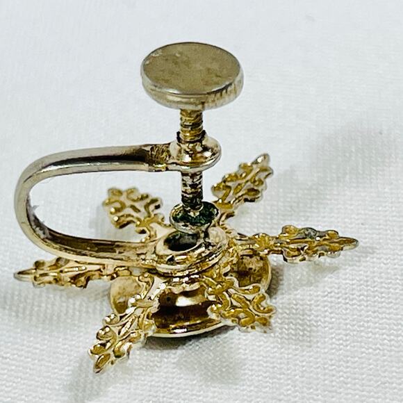 Vintage Guilloche Enamel Painted Roses Earrings Snowflake Gold Tone Non Pierce - Picture 5 of 6